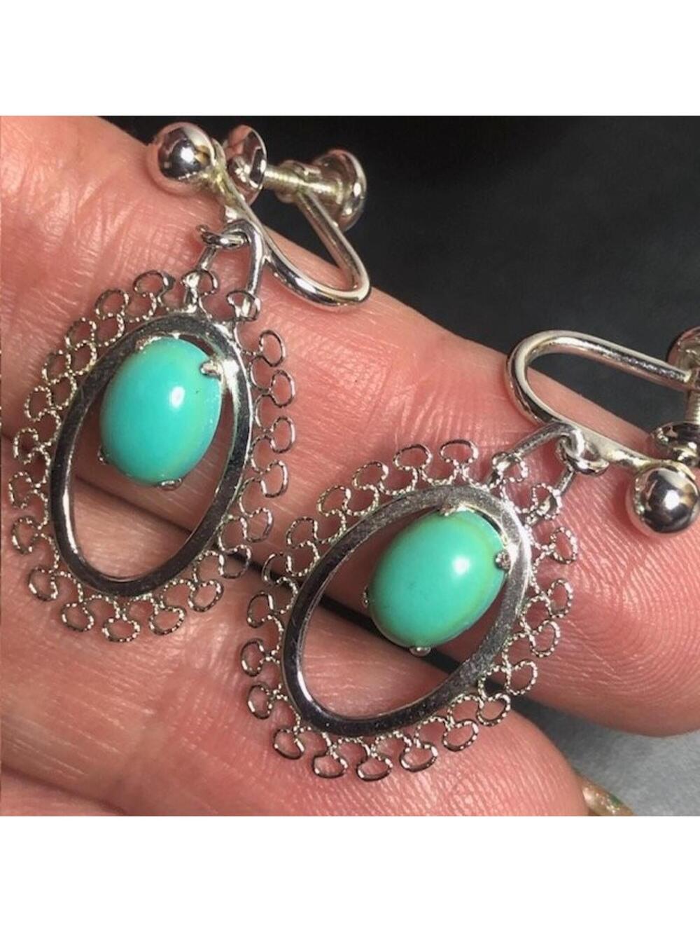 8936 Vintage VAN DELL Sterling 925 Screwback Earrings Turquoise Cabochon